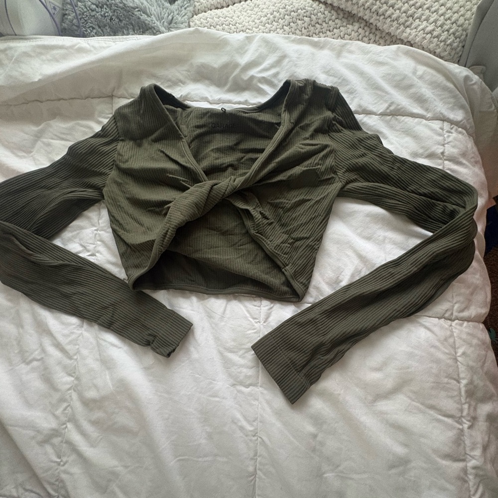 Garage Olive Ribbed Crop Top Twist V Neck - Going Out Top
